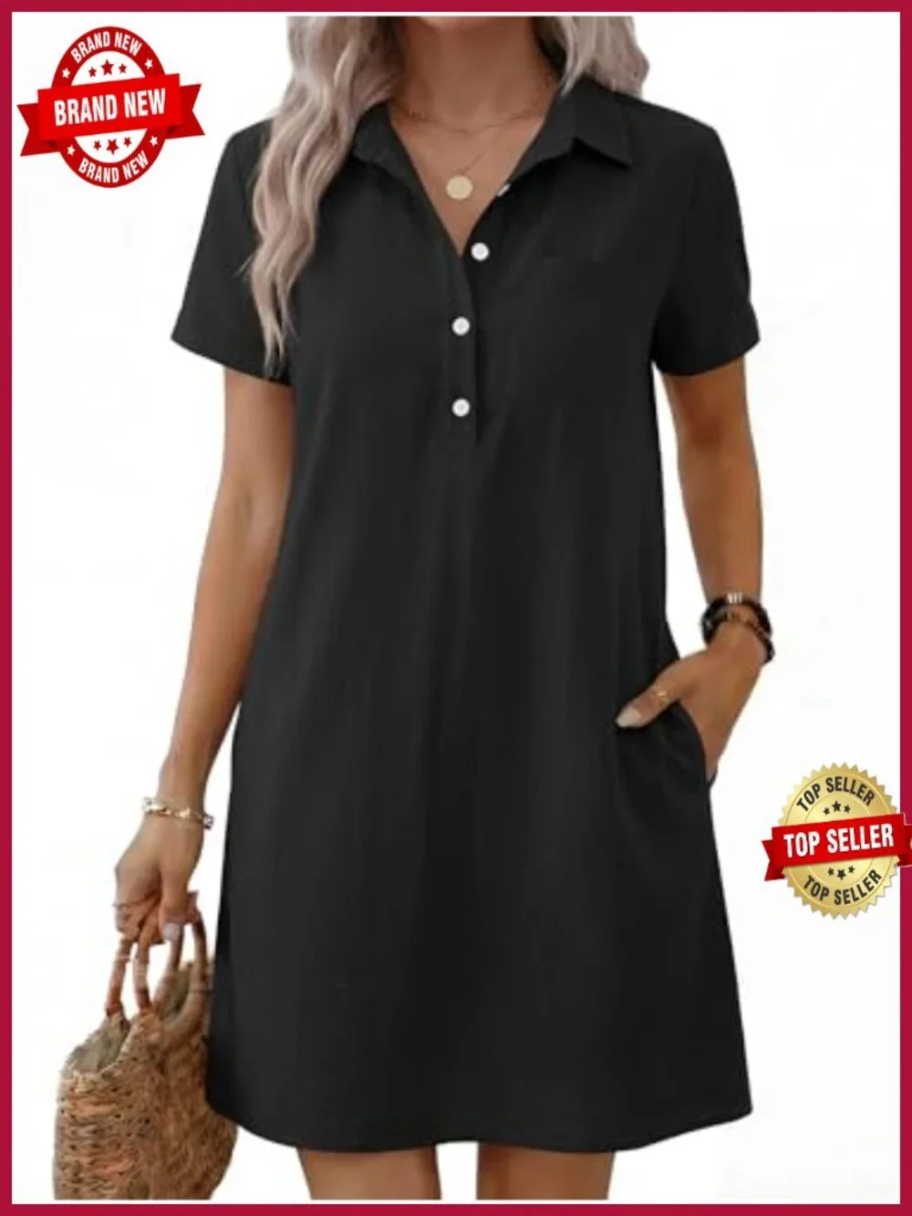 Women's Casual Shirt Dress Short Sleeve Button Polo Collar Midi